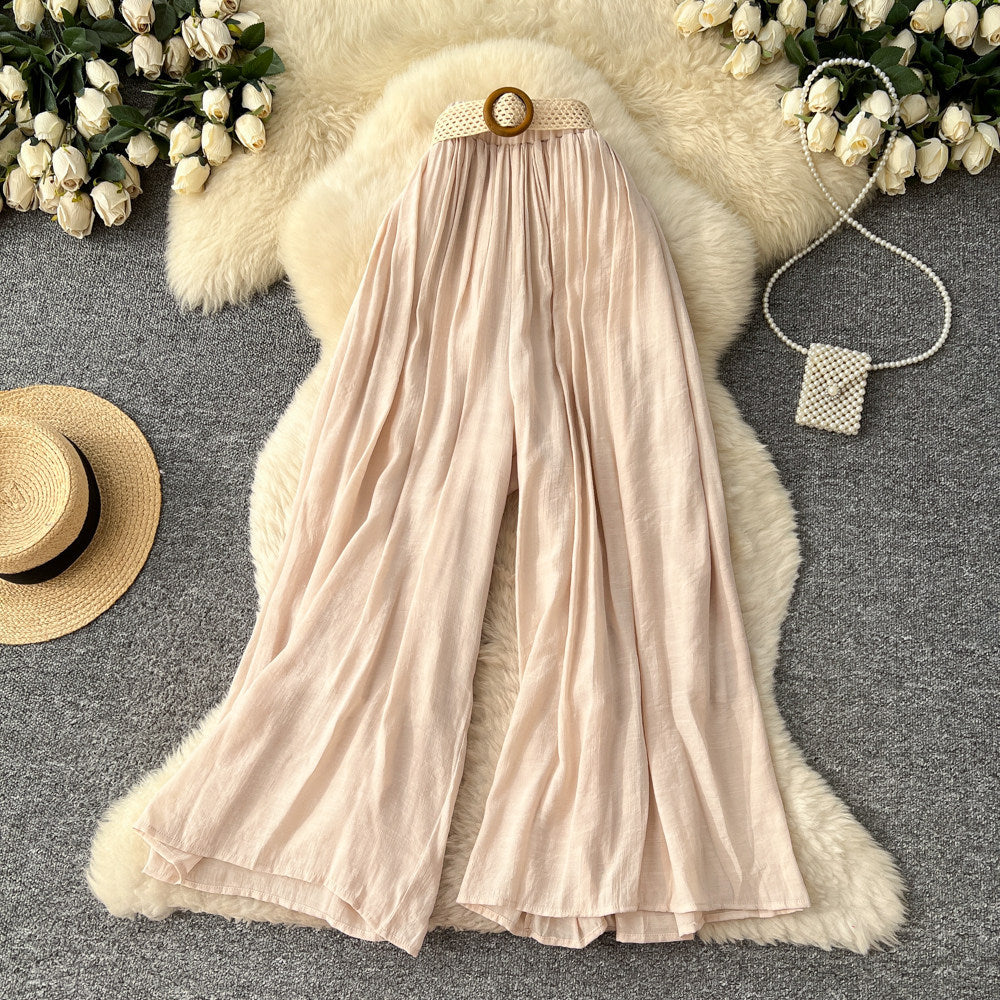 Lazy style high waist woven belt loose wide leg pants for women spring and summer drape slimming look cover crotch loosecasual pants