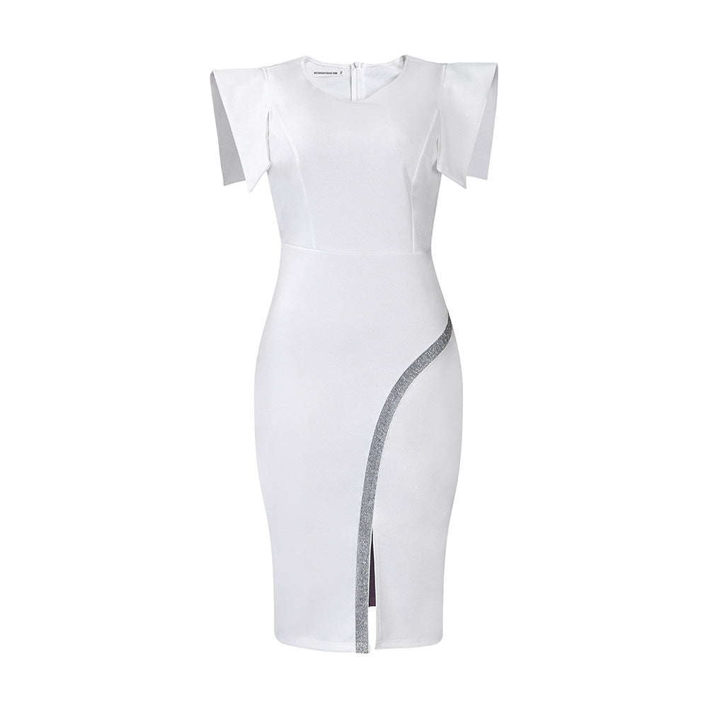 D380 cross-border women's clothing  summer new short-sleeved hip-covering tight-fitting elegant slit bright edge foreign trade dress