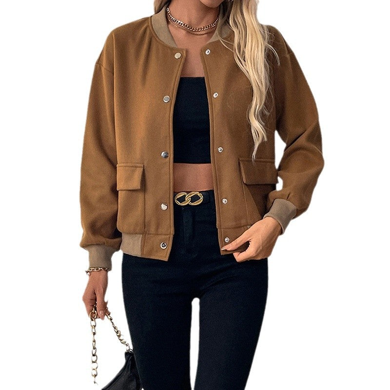 2025 new  retro casual simple wind contrasting color cardigan button baseball collar jacket women