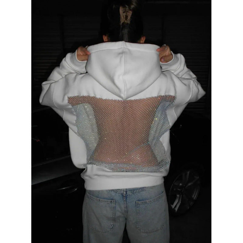 European and american cross-border  fall/winter new women's fashion  style solid color backless cutout mesh hoodie sweatshirt