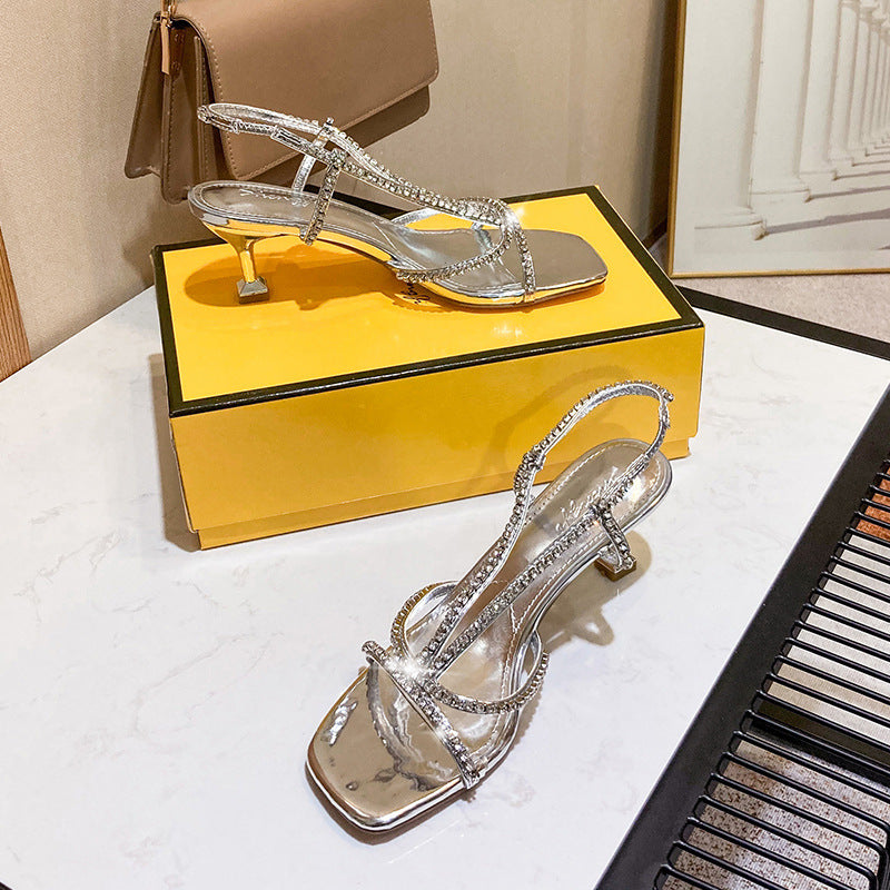 2026 summer new arrival: rhinestone-embellished thong sandals - open-toe patent leather silver heels - elegant high heels for socialites, fairies, and banquet events