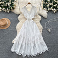 Vintage court style flutter sleeve dress - women's summer hollow-out crochet, high-end design, elegant socialite, light luxury maxi dress