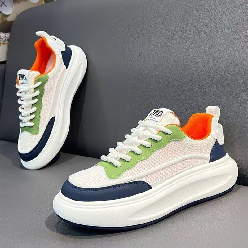 Men's 2025 new mesh breathable white sneakers - trendy, versatile low-top shoes with thick soles for height increase, comfortable casual shoes