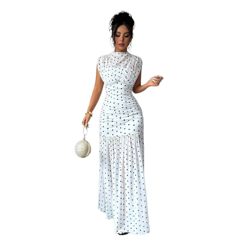 Women's summer new fashion elegant polka dot print ruched bust cinched waist sleeveless maxi dress