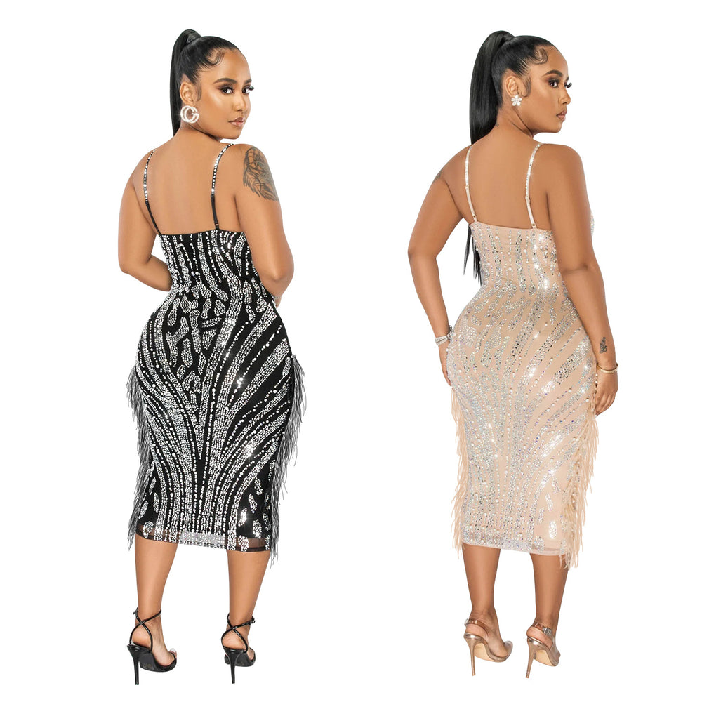 C6273   fashion women's solid color camisole sleeveless mesh rhinestone long dress