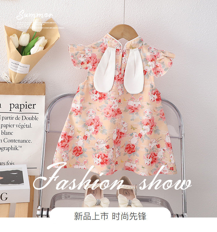 Girls' modern cheongsam dress - summer floral bunny print fashionable chinese style baby dress