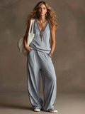 Fashion cross-border independent station new arrival vest v neck sleeveless loose pants suitloose drapedcasualtwo-piece set for women