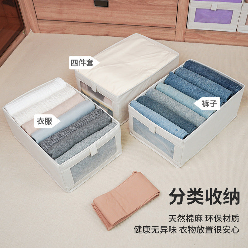 Windowed cotton and linen storage box, wardrobe pants clothing storage and finishing box, foldable fabric storage box wholesale
