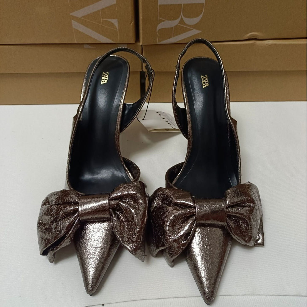 Za2024 summer new fashion bowknot metal strap high heel women's pointed toe slingback stiletto sandals