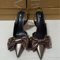 Za2024 summer new fashion bowknot metal strap high heel women's pointed toe slingback stiletto sandals