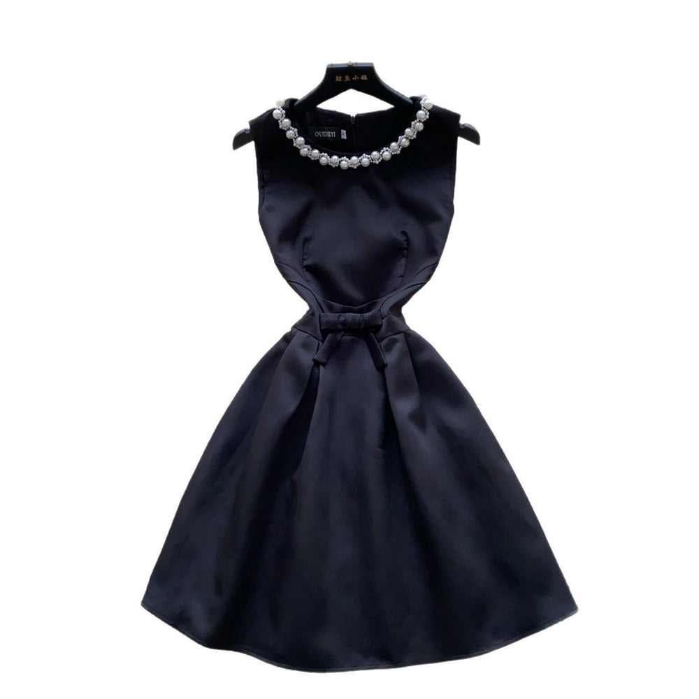 High-end, understated luxury beaded round neck sleeveless dress for women. perfect for summer, this french-inspired dress features a cinched waist, a-line silhouette, and a flattering, voluminous skirt. ideal as an elegant evening gown or special occasion