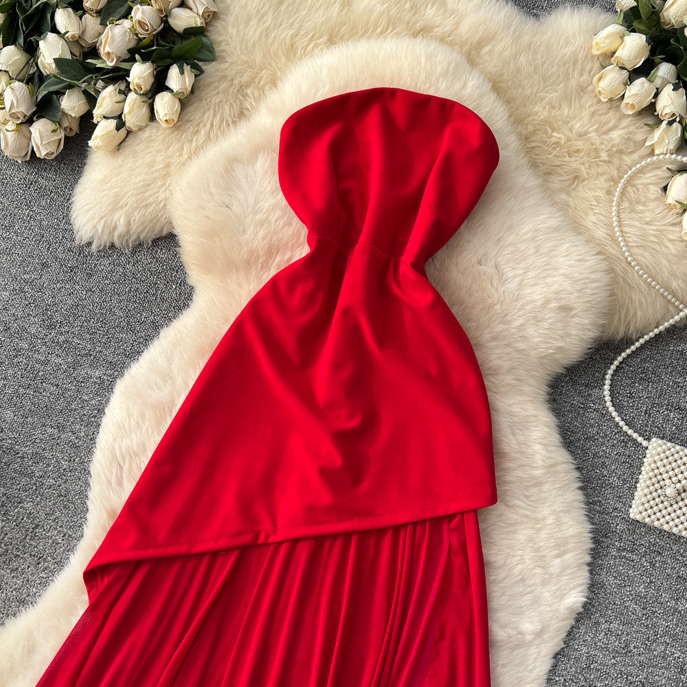 French red bandeau mesh patchwork dress - women's summer cinched waist slimming a-line maxi dress - high-end, elegant, and chic