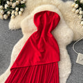 French red bandeau mesh patchwork dress - women's summer cinched waist slimming a-line maxi dress - high-end, elegant, and chic