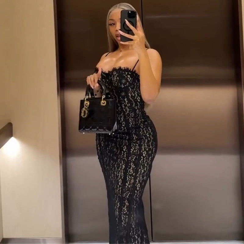 European and american cross-border women's fashion:  summer new arrivals - sexy, elegant, slim-fit, and figure-flattering lace black slip dress