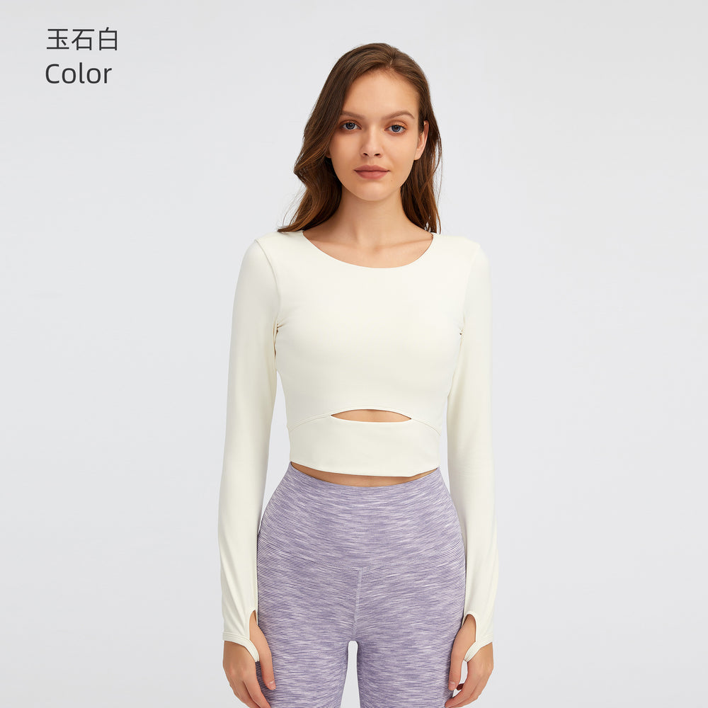 European and american new style padded sports long sleeve t-shirt, fashionable cropped fit, outdoor running slim yoga top for women s2032