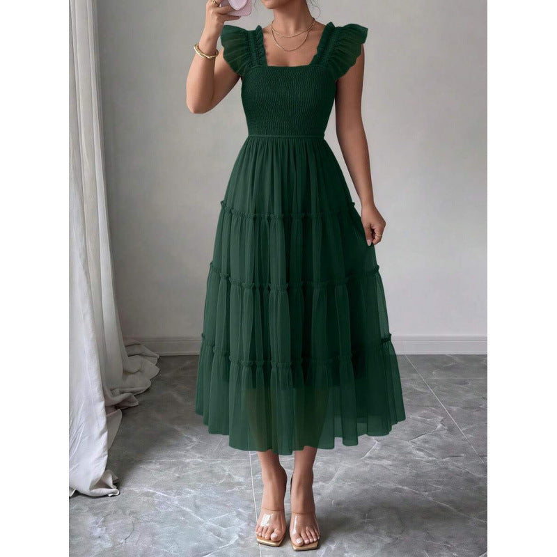 fashion  summer new arrival flying sleeve ruched ruffles vacation elegant mesh dress