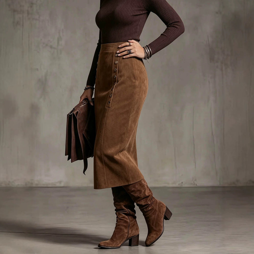 Plus size women's midi skirt - high waist, slit design, metal button detail, vintage style - wholesale