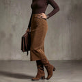 Plus size women's midi skirt - high waist, slit design, metal button detail, vintage style - wholesale