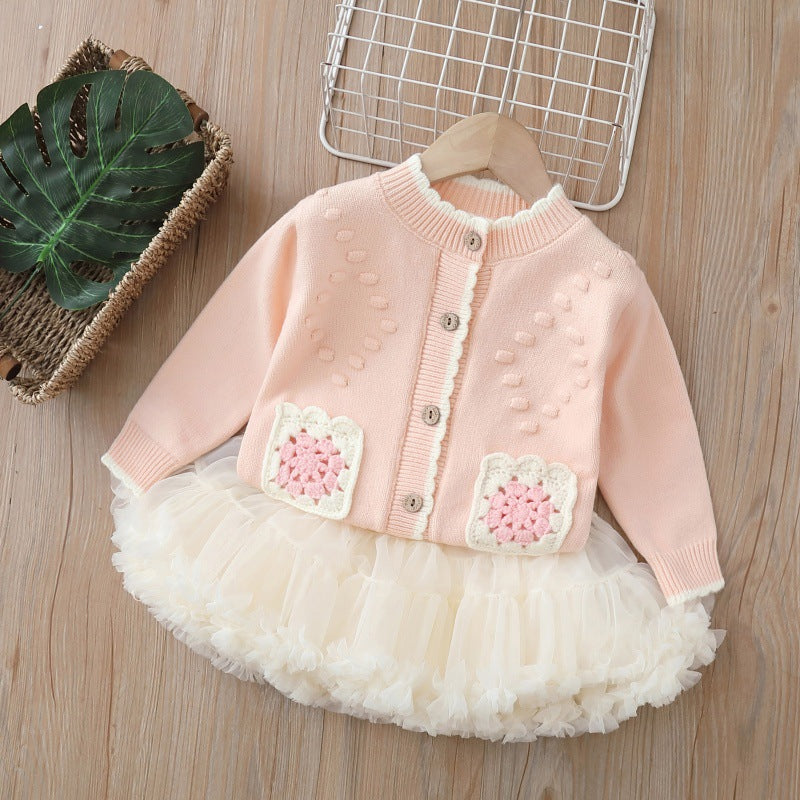 Girls' spring two-piece skirt set: princess-style puffy skirt with korean-style knitted cardigan for baby girls