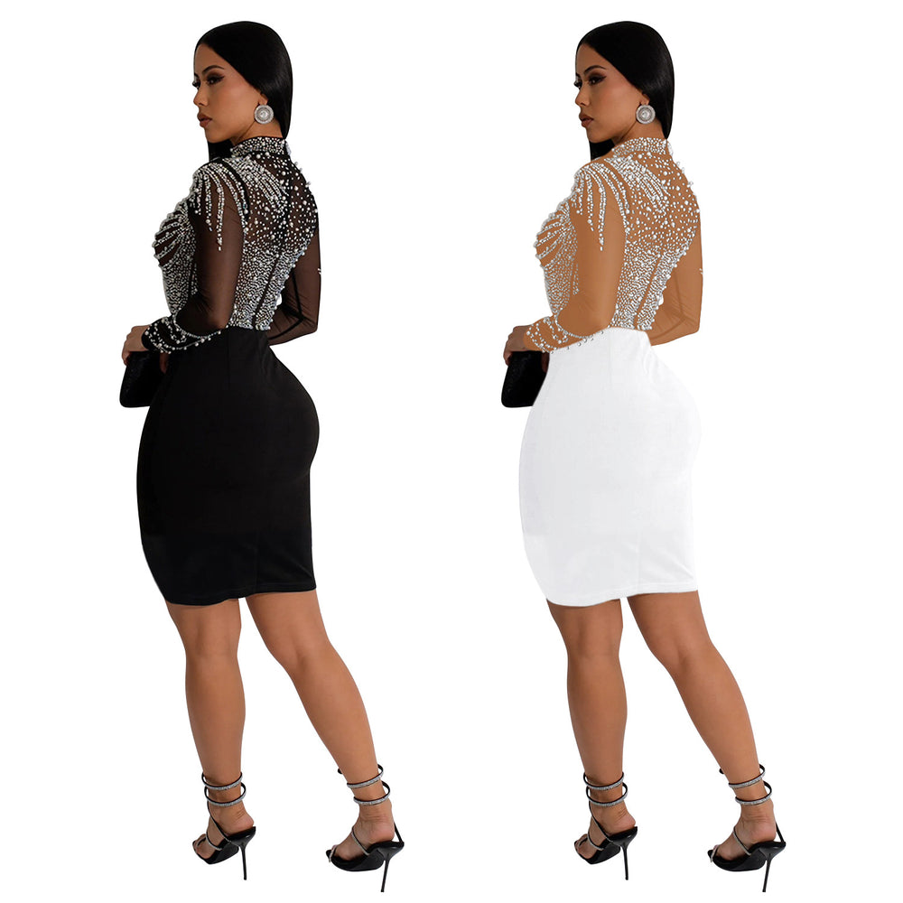 C6915 cross-border   fashion women's solid color mesh rhinestone long sleeve mini dress