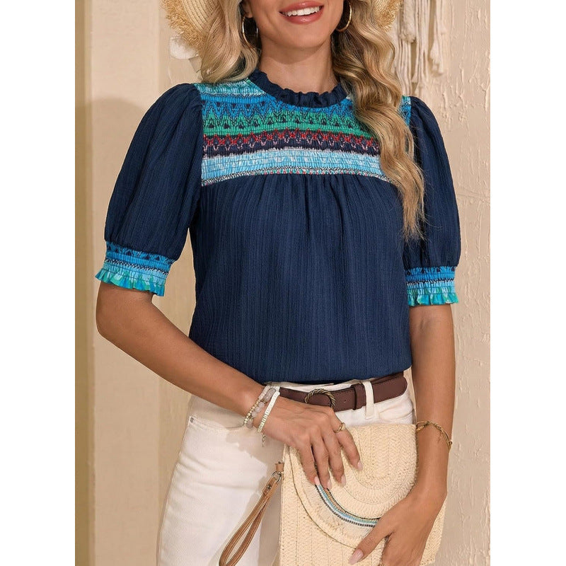 Amazon  summer new casual round neck bubble short sleeve bohemian embroidered shirt top for women