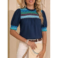 Amazon  summer new casual round neck bubble short sleeve bohemian embroidered shirt top for women