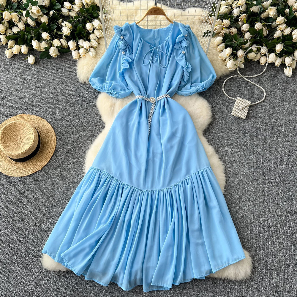 French-inspired beaded, ruffled, lantern-sleeve, a-line chiffon dress with a cinched waist and flattering, full skirt