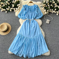 French-inspired beaded, ruffled, lantern-sleeve, a-line chiffon dress with a cinched waist and flattering, full skirt