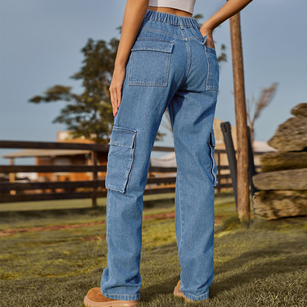 American retro european and american cross-border  new washed semi-elastic multi-pocket denim workwear casual pants for women