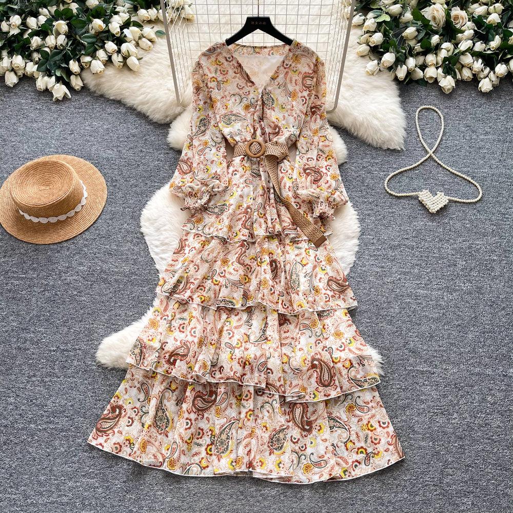 French retro floral v-neck long sleeve dress - women's summer korean style slimming ruffle tiered cake dress - romantic & chic