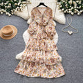 French retro floral v-neck long sleeve dress - women's summer korean style slimming ruffle tiered cake dress - romantic & chic