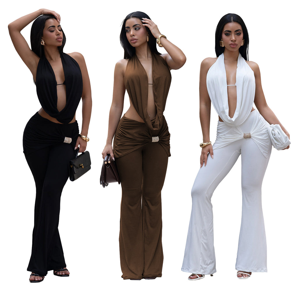 C7589 cross-border   fashion women's sexy solid color backless top and pants set - new