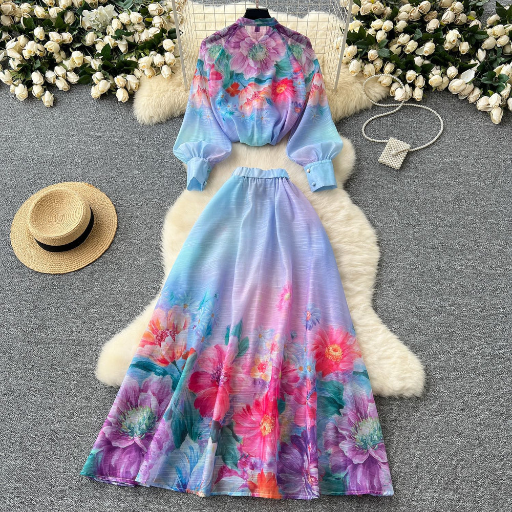 Fashionable and western style, light and mature style, bowstie back, lantern sleeves, printingshirt, women's high waist, large swing skirt, two-piece set