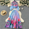 Fashionable and western style, light and mature style, bowstie back, lantern sleeves, printingshirt, women's high waist, large swing skirt, two-piece set