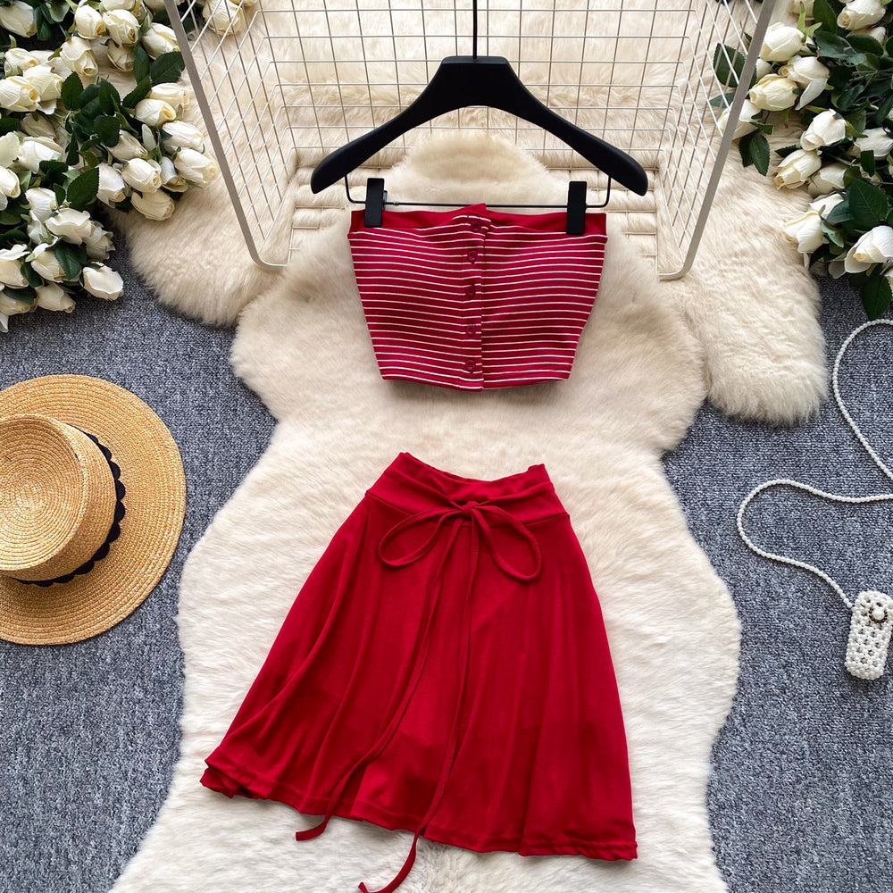 Korean style red striped bandeau top and tie-waist midi skirt set - women's summer slim fit flattering two-piece hot girl outfit