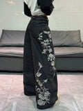 European and american style women's black and grey distressed rose embroidered wide leg jeans - vintage high street loose fit denim trousers