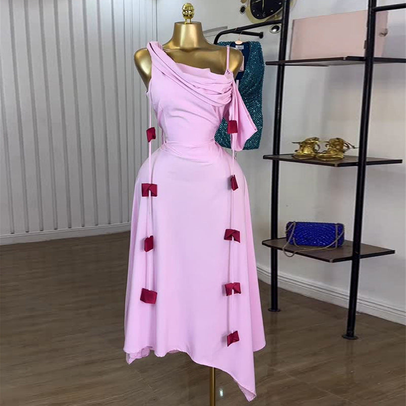 European and american cross-border women's fashion:  summer new arrival - elegant one-shoulder camisole high-waisted slimming decorative midi dress