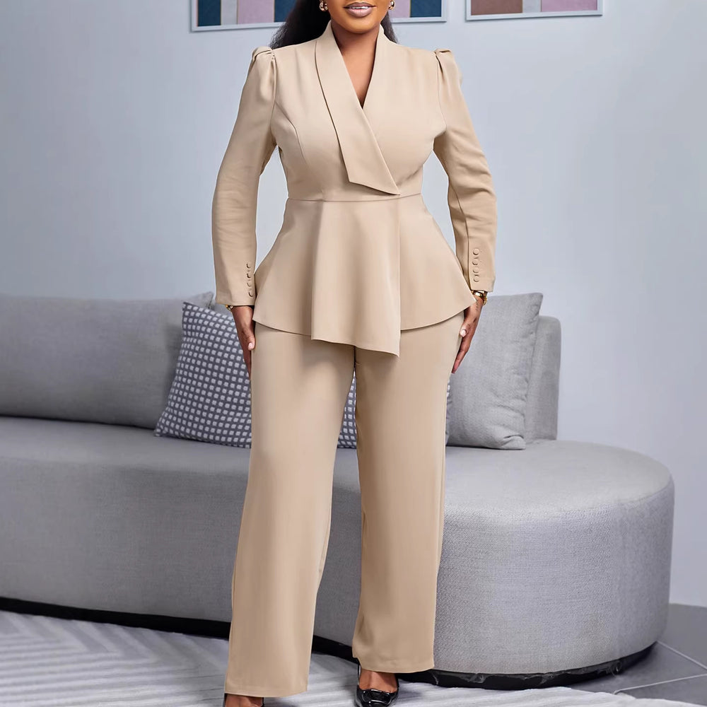 D549  women's  fall/winter new fashion suit collar long sleeve top & wide leg pants two-piece set