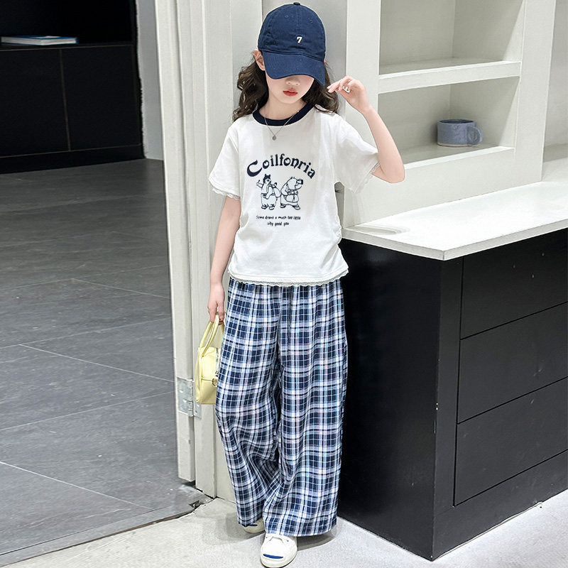 summer new arrival: kids' short-sleeve plaid pants two-piece set - children's cartoon letter lace-trimmed short-sleeve casual outfit