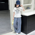 summer new arrival: kids' short-sleeve plaid pants two-piece set - children's cartoon letter lace-trimmed short-sleeve casual outfit