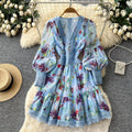French floral long sleeve v-neck bodycon dress - slim fit, figure-flattering, high-end, elegant a-line skirt