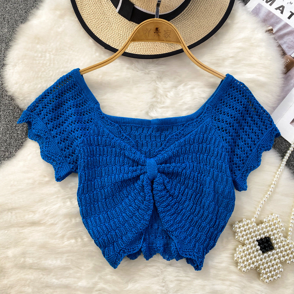 Bowknot ruched v-neck short sleeve ice silk top - women's summer 2024 korean style high-waisted cropped t-shirt