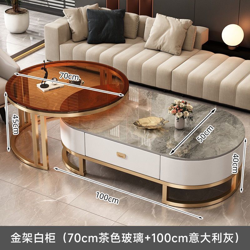 Italian light luxury oval glass coffee table living room home tea table high-end marble combination coffee table set