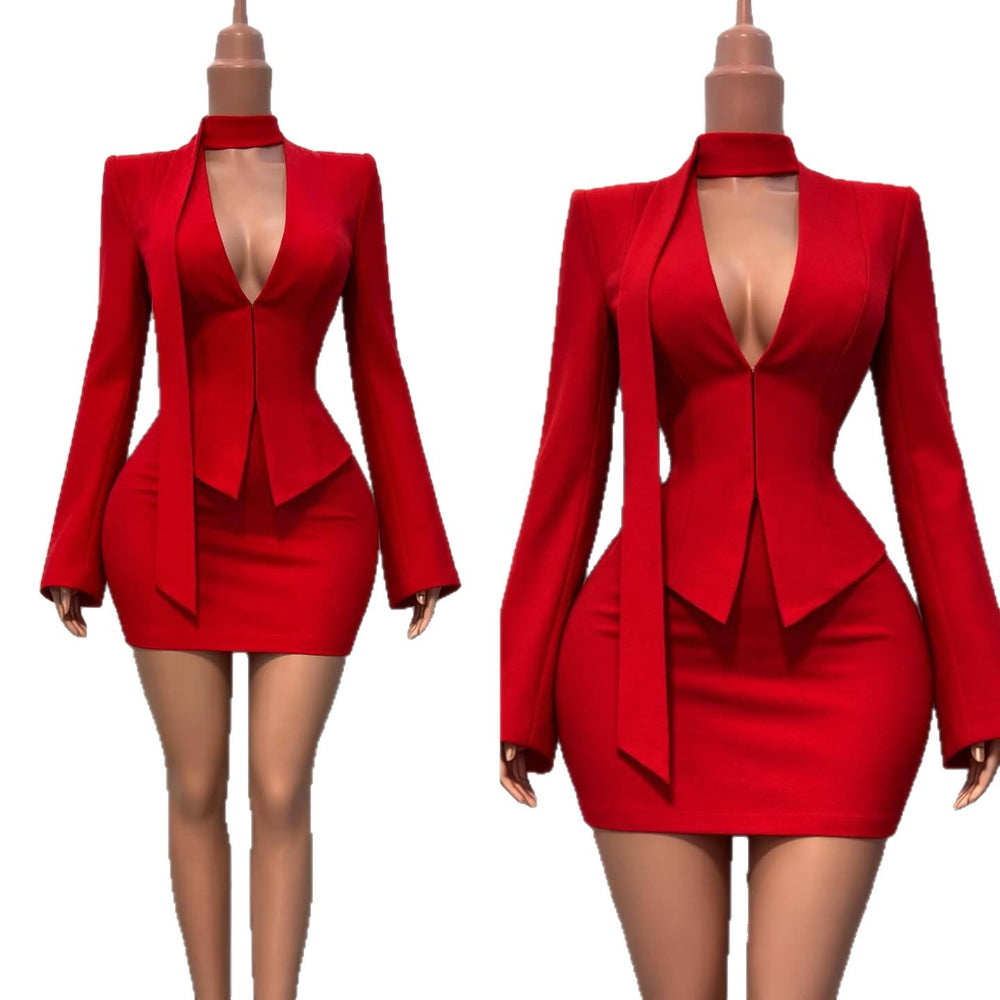European and american cross-border women's fashion  summer new arrival: elegant solid color choker blazer top and bodycon midi skirt set