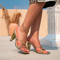 Women's gold heeled sandals - unique heel, fashionable square toe, minimalist open back, simple women's shoes