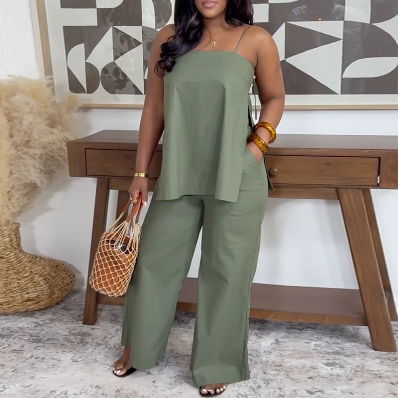 European and american cross-border women's clothing  summer new arrival: african-style plus size elegant slit cami top and pants casual set