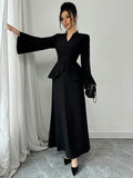 Exportaccessible luxurywork clothingtwo-piece setruffle waist swing flare long sleeves back straps slimming lookblacklong wide leg cover