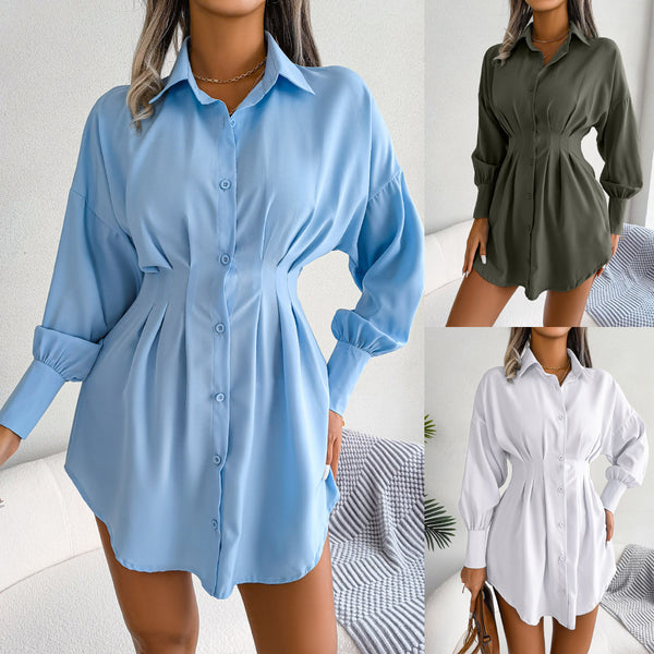 ins wind real shot spring and summer casual lantern sleeves waist asymmetrical dress shirt skirt,   women's clothing