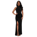 C7706 cross-border   fashion women's sexy off-shoulder rhinestone beaded slit dress