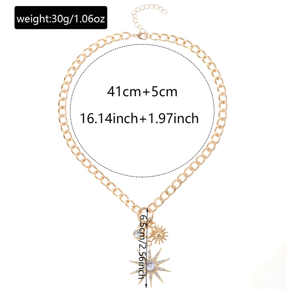 European and american cross-border light luxury high-end sun pendant necklace, personalized diamond-studded chunky chain alloy clavicle chain jewelry for women